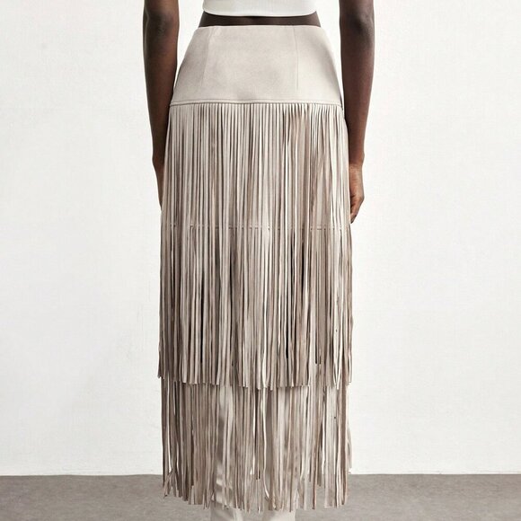 Khaki Boho Women's Chic Linen Tassel Skirt - Picture 2 of 7